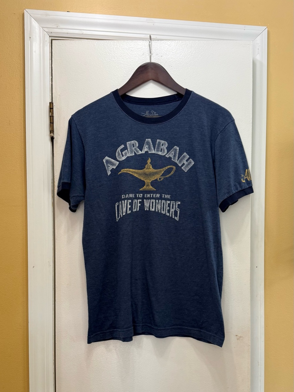 Disney Men's Aladdin Agrabah Graphic Tee - Navy with Gold Accent!